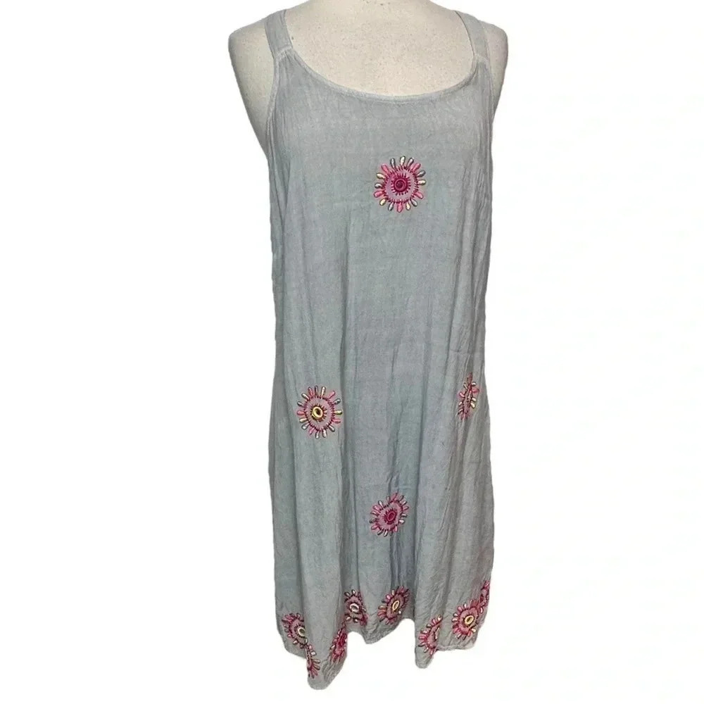 CP Shades Dress Small Gray Floral‎ Embroidered Sunburst Cotton Blend Tie Back